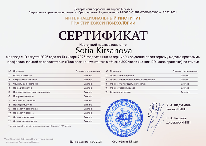 Приложение к диплому — оборотная сторона